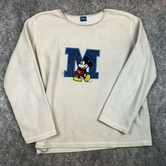 Disney Sweaters - Vintage Mickey Mouse Sweatshirt L Disney Denim Applique Fleece Embroidered White